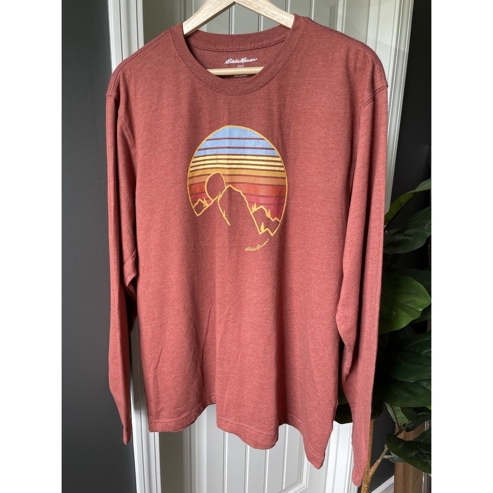Eddie Bauer Long Sleeve Graphic T-Shirt Mountain Sunset Rust Red Men's Large